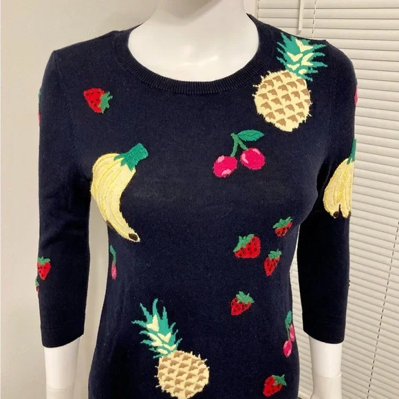 Talbots Sweater Fruit Print Embellished 3/4 Sleeves Navy Cotton Blend Size- XS - Picture 8 of 12